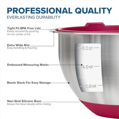 Viking Mixing Bowls Set, 10 Piece Stainless Steel Kitchen Cookware, Non-Slip Silicone Base, Includes Tight Fit Lids, Dishwasher Safe, Red - color: Red