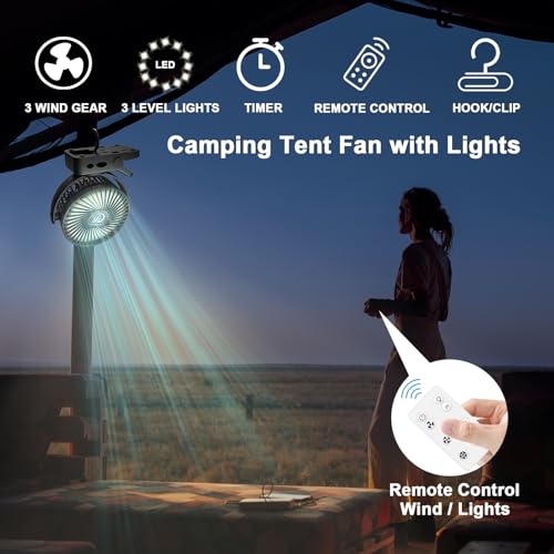 Portable Fan with Remote Control & Timer & LED Lights, 60hrs 12000mAh USB Rechargeable Battery，Clamp/Hanging/Stand Up, Small Clip on Fan for Baby Stroller, Bed, Desk, Camping Tent, Travel - size: 5 inch