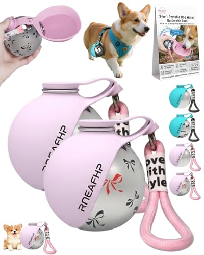 Dog Water Bottle with Bowl 2-in-1 Portable Leak Proof 10 OZ Puppy Travel Drink Dispenser for Large Medium Small Breeds Stainless Steel Hydration Tumbler Buddy Cup for Dogs Pets Outdoor(2Pink B) - color: 2Pink B