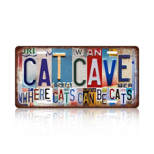 Vintage License Plate Wall Decor Cat Cave Where Cats Can Be Cats Metal Tin Sign12 x 6 Inches - color: Plate-316