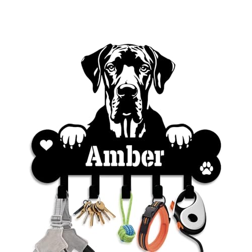 NIWAHO Personalized Dog Leash Holder Wall Mount - Custom Great Dane Metal Silhouette Sign with Bone Key Hooks, Entryway & Pet Room Organizer Decor - color: Great Dane