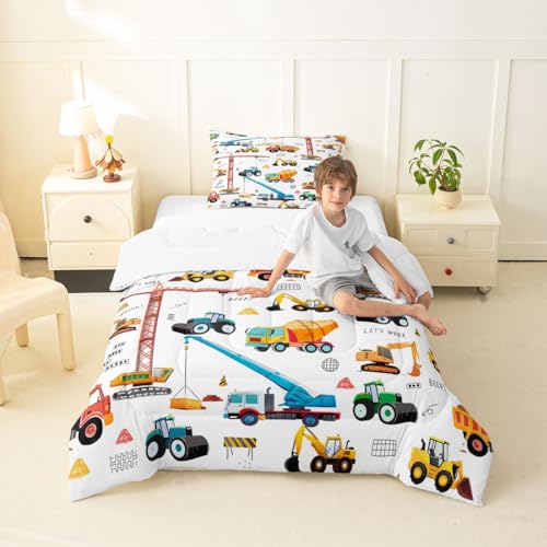 Excavator Comforter Set Twin Size, Tractor Machinery Trucks Bedding Set, Construction Vehicle Down Comforter For Kids Boys, Bulldozer Crane Equipment Truck Duvet Set 2Pcs Room Decor, Yellow Green - color: Multi 22, size: Twin