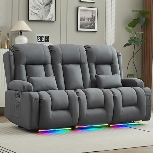 URRED Power Loveseat Recliner Sofa with Massage and Heat, Wall Hugger Reclining Loveseat with Console, RV Couch Home Theater Seating with LED Lights for Living Room (Blue Grey, 76.8" - 3 Seats) - color: Blue Grey, size: 76.8" - 3 Seats