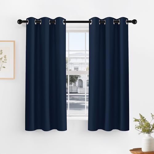 PONY DANCE Navy Blue Short Blackout Curtains for Kitchen 45 Inch Length, Thermal Insulated Grommet Curtains for Bedroom, Black Out Drapes for Bathroom Small Window (2 Panels Set, 34 inches Wide) - color: Navy Blue, size: 34"W x 45"L (Pack of 2)