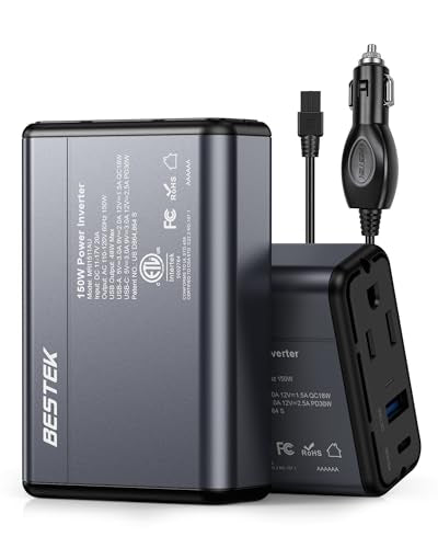 BESTEK 150W Car Power Inverter 11V-17V for Tesla Truck RV, 30W USB C PD 18W USB A Charger, 12V DC to 110V AC Converter with Detachable Cigarette Lighter Cable, 10-Layer Protection, ETL Certified - color: Grey