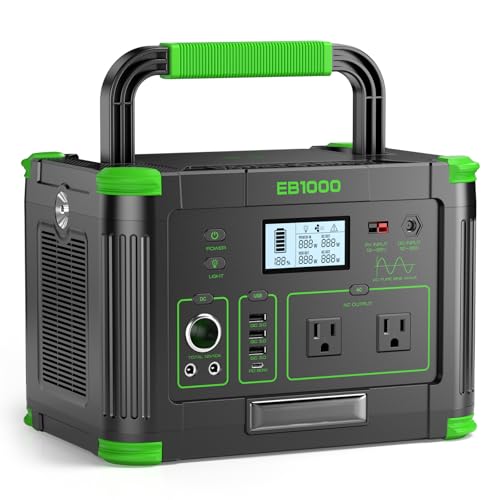 Portable Power Station 1000W, 999Wh Solar Generator, Pure Sine Wave AC Outlet with PD 60W USB-C Fast Charging, Outdoor Camping RV Van Home Backup Off-Grid Living - color: Green & Black
