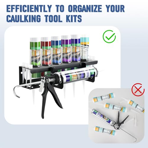 Caulking Gun and Tube Holder, Siligun Caulking Gun Rack, Caulk Tube Storage Organizer and Wall Mount Silicone Caulking Tools for Garage Workshop, Work Van, Service Truck (Black)