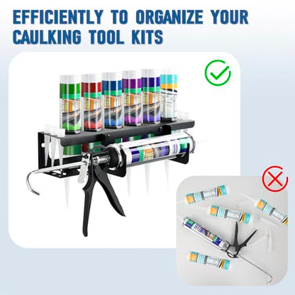 Caulking Gun and Tube Holder, Siligun Caulking Gun Rack, Caulk Tube Storage Organizer and Wall Mount Silicone Caulking Tools for Garage Workshop, Work Van, Service Truck (Black)