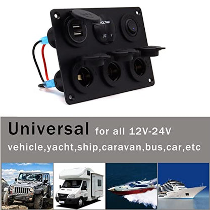 Dual USB Charger Socket Panel for Car, Waterproof 3-Socket 12V Cigarette Lighter Power Outlet Adapter & LED Voltmeter & ON-Off Toggle Switch Multi-Functions Panel for Boat Car RV Truck, for 12-24V Car