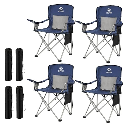 Elevon Camping Chair, Portable Folding Outdoor Chair with Arms, Cup Holder and Carry Bag - color: Navy Blue-4 Pack