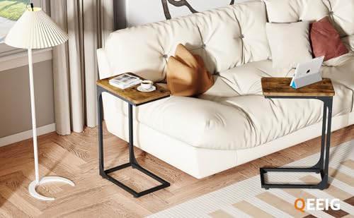 QEEIG Narrow C Shaped Side Table Set of 2 Living Room Sets Slim Couch Tray Tables Skinny Thin Small Farmhouse 9.5 inch Width, Rustic Brown (017-24BN) - color: A. Brown, size: 9.5" Width