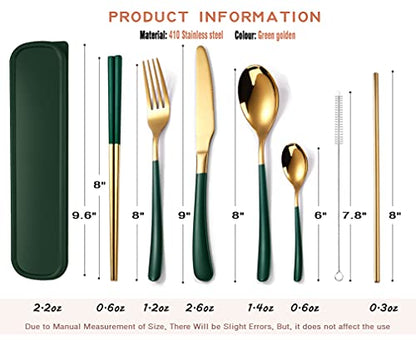 AARAINBOW 7 Pieces Stainless Steel Flatware Set Portable Reusable Cutlery Set Travel Utensils Set Including Chopsticks Knife Fork Spoon Straws Cleaning Brush Dishwasher Safe (7 Green Golden) - color: 7 Green Golden