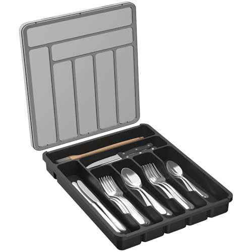 Lifewit Silverware Organizer with Lid, Covered Utensil Tray for Kitchen Drawer and Countertop, Plastic Cutlery and Flatware Storage Box for Spoons Forks Knives Holder Case, 29 x 37cm, Black - color: Black, size: 11.3"L × 14.4"W
