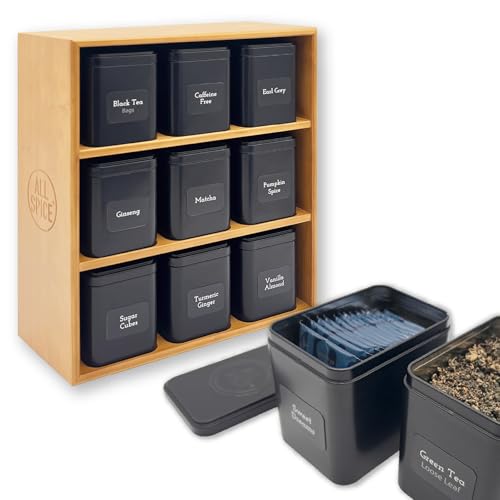 AllSpice Tea Organizer Rack with 9 Tins & 160 Magnetic Labels – Perfect for Bagged & Loose Leaf Tea Organization - Bamboo - color: Bamboo