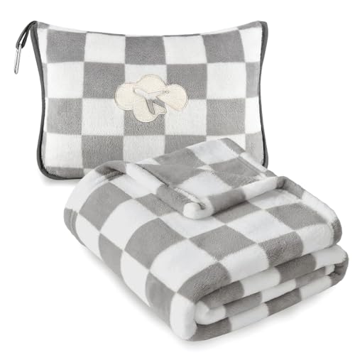 Travel Blanket and Pillow Compact, Premium Soft 2 in 1 Airplane Blanket with Soft Bag Pillowcase，Hand Luggage Sleeve and Backpack Clip (Grey Checkered) - color: Checkered Grey