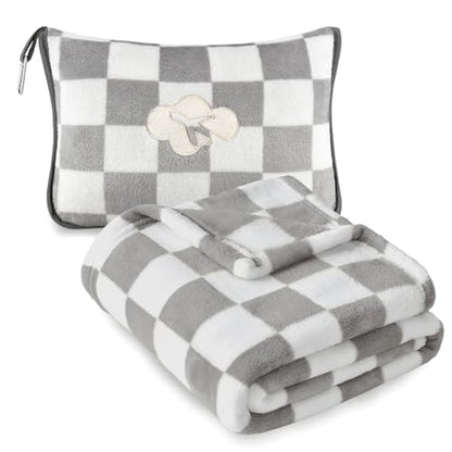 Travel Blanket and Pillow Compact, Premium Soft 2 in 1 Airplane Blanket with Soft Bag Pillowcase，Hand Luggage Sleeve and Backpack Clip (Grey Checkered) - color: Checkered Grey