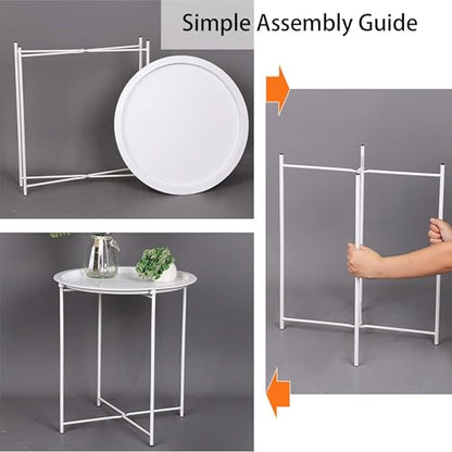 End Table Set of 2, Outdoor Side Table, Small Patio Round Folding Metal Side Tables for Outdoor,Living Room,Bedroom Balcony and Office, 2 PCS - color: White