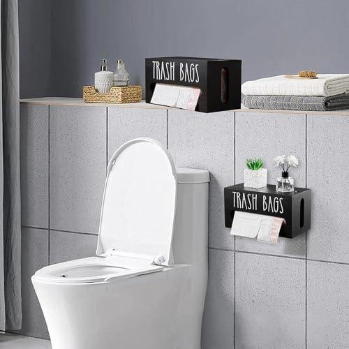 Trash Bag Dispenser, Wall Mount Trash Bag Holder Dispenser with Lid Wooden Kitchen Trash Bag Roll Organizer Plastic Garbage Bag Storage for Cabinet. (Black) - color: Black