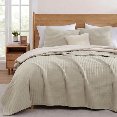 WRENSONGE King Size Quilt-3 Pieces Neutral Lightweight Bedspreads Light Oatmeal King Quilt Bedding Set for All Seasons, Soft Summer Coverlet with 2 Pillow Shams Suitable for Bed, Couch, Quilt Blanket - color: Almond Oatmeal, size: King