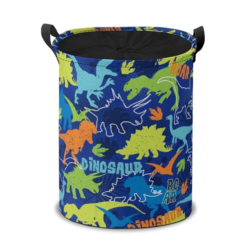 Colorful Dinosaur on a Blue Background Laundry Basket Collapsible, Dirty Clothes Laundry Hamper for Bedroom Bathroom College Dorm Nursery Toy Organizer Storage Basket Round Gifts Basket - color: Seamless Grunge Pattern with Dinosaurs
