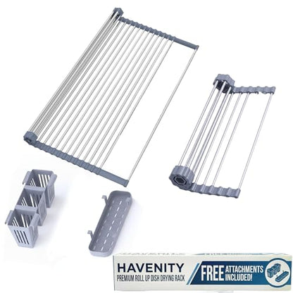 Havenity™ Expandable Roll Up Dish Drying Rack for Small Sinks - Expandable 12.8 to 22.8 Inch Over Sink Rack, Fits Apartments, RVs and Office Kitchens, Stainless Steel, 2 Baskets - size: Dish Drying Rack