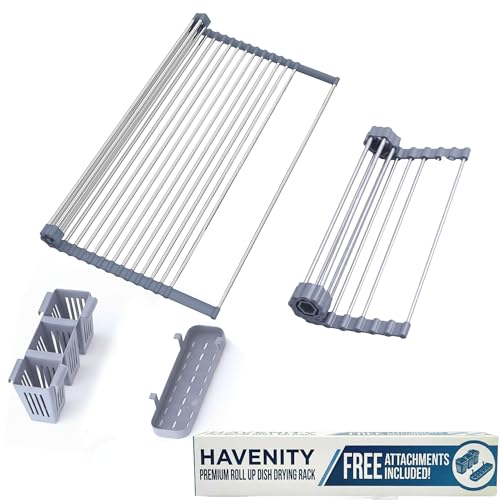 Havenity™ Expandable Roll Up Dish Drying Rack for Small Sinks - Expandable 12.8 to 22.8 Inch Over Sink Rack, Fits Apartments, RVs and Office Kitchens, Stainless Steel, 2 Baskets - size: Dish Drying Rack