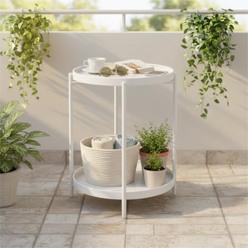 Danpinera 2 Tier Metal Side Table with Removable Tray - Round Accent Table, Anti-Rust White Nightstand for Bedroom, Balcony, Patio - color: White