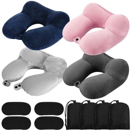 Sintuff 4 Sets Inflatable Travel Pillows for Airplanes with Compact Bag and Blindfold Velvet Inflatable Neck Pillow for Traveling Head Support U Shaped Flight, 12 x 12 x 5.5 Inch (Assorted Colors) - color: Assorted Colors