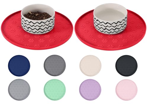 Comtim Waterproof Dog Food Mat - 2 Pack Silicone Pet Food Mat Dog Food Bowl Mats Cat Water Mats Eating Tray, Non-Slip Pet Placemat with Lip for Messy Drinkers to Protect Floor, Red 11"×11" - color: Red