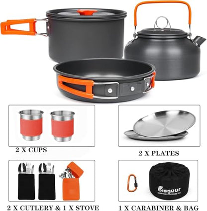 Bisgear Camping Cookware Kettle Backpacking Stove Mess Kit, Camping Pots and Pans Set with Cups Plates Utensils, Camping Kitchen Accessories Cooking Set Survival Gear
