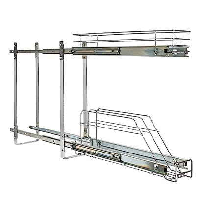 Household Essentials Glidez Multipurpose Chrome-Plated Steel Pull-Out/Slide-Out Storage Organizer for Cookware and Bakeware - 2-Tier Design - Fits Standard Size Cabinet or Shelf, Chrome - size: 5" - Extended, style: Dual Slide