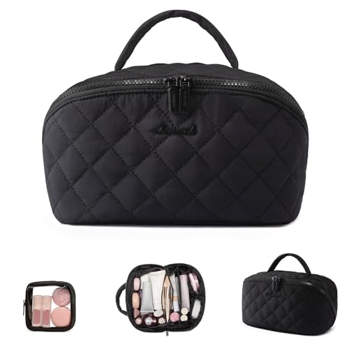 LOVEVOOK Travel Makeup Bag for Women, 2Pcs Puffer Waterproof Cosmetic Organizer, Large Capacity Pouch Open Flat Small Toiletry Bag with Brush Compartment & Handle (Black, Large) - color: Black, size: Large