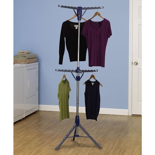 Household Essentials 5012-1 Portable 2-Tier Clothes Drying Rack Tri-pod | Dry Wet Laundry or Hang Clothes | Silver and Blue - size: Large