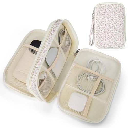 Quilted Travel Cable Organizer Pouch, Portable Electronic Accessories Carry Case, Double Layer All-in-One Storage Bag for Chargers, Cords, Phone, Gadgets (Pink Floral) - color: Pink Floral