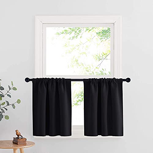RYB HOME Cafe Blackout Curtains 24 inch Length, RV Curtains for Camper Windows, Mini Short Small Insulating Light UV Heat Blocking Privacy Half Window Tiers, Width 29 by Length 24, Black, 2 Panels - color: Black, size: 29"W x 24"L (Pack of 2)