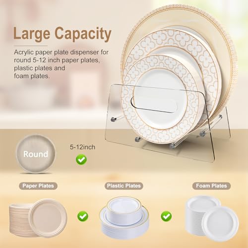 Boloyo Acrylic Disposable Plate Dispenser, Clear Plate Dispenser for 5-12 Inches Paper Plastic Foam Plate Storage Organizer Rack Holder for Cabinet, Countertop, Rv or Outdoor Use