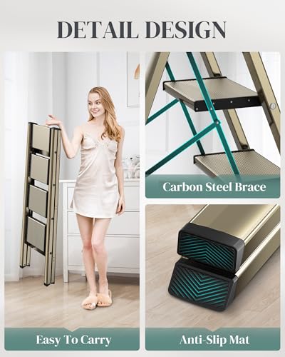 4 Step Ladder, Folding Step Stool with Wider Pedal, Anti-Slip Feet & Non Slip Stripes, Aluminum Sturdy Material, 300Lbs Capacity, Elegant Look of Champagne Gold Better Matches Your Home - color: Champagne Gold, size: 4 Step