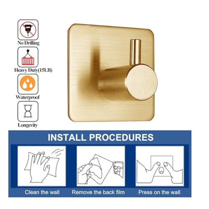 Fotosnow Gold Adhesive Hooks 15LB (Max), Non Tarnish Sticky Hooks for Hanging Towels, Coat, Backpack, Purse, Hat, Key, Self-Adhesive Towel Holder for Shower Closet Bathroom-4 Packs - color: Gold