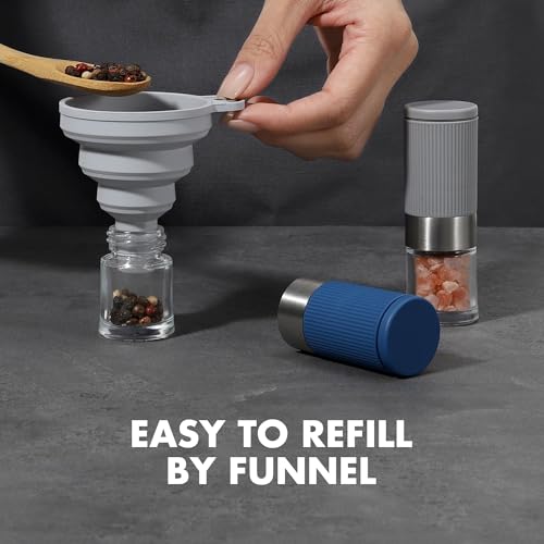 vzaahu Mini Salt and Pepper Grinder Set Blue and Gray with Bag and Funnel, Small Travel Portable Spice Tools, Adjustable Coarseness, Refillable, Ceramic Burrs Seasoning Mills for Cooking, BBQ, RV - color: blue and grey