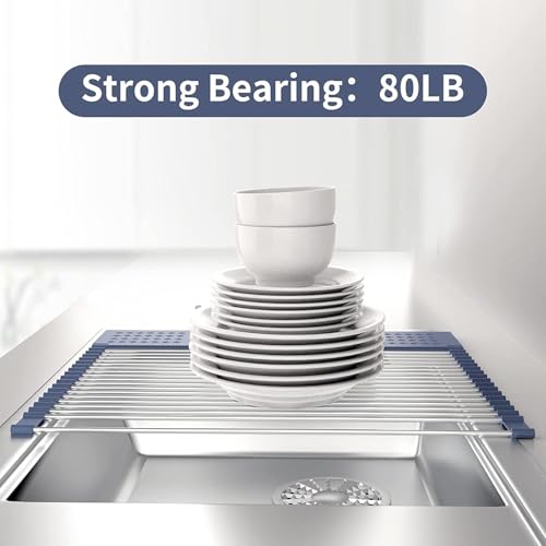 LEMIKKLE 17" x 15" Roll Up Dish Drying Rack Over The Sink Dish Drying Rack,Multi-Purpose Kitchen Rolling Dish Drainer Foldable SUS304 Stainless Steel Dish Drying Rack - color: Grey (for Size 17" X 15")