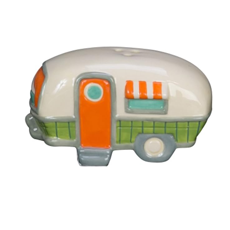 Beachcombers Ceramic Salt and Pepper Camper Design Shaker Matching Set 2" x 6.25" Coastal Beach Mountain Summer House Camping RV Kitchen Decor Decoration Cream