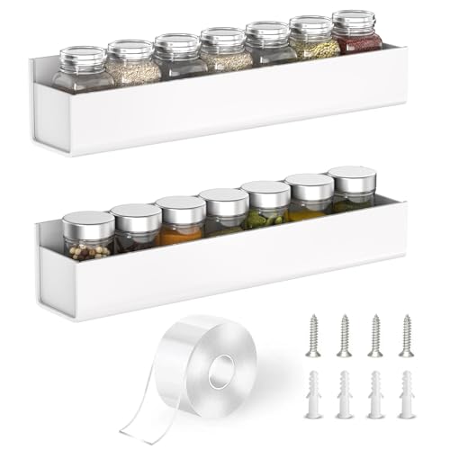 PMMASTO Adhesive Acrylic Spice Rack Organizer for Wall with Nano Double Sided Tape, Spice Shelf Organization for Kitchen Cabinet Door/Pantry Door, Wall Mount Seasoning Rack (White-2 Pack) - color: White, size: 2 Pack-12" (Rack Only)