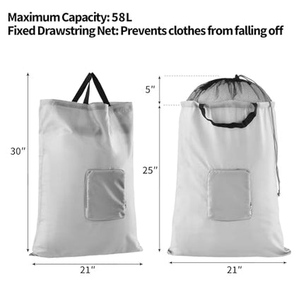 Travel Laundry Bag, JHX Foldable Dirty Clothes Bags 【Upgraded】 with Fixed Drawstring Net, Handles and Carabiner, Portable Laundry Bags for Travel, Fitness, and Students (1Pcs Grey) 30"H x 21"W - color: 1Pcs Grey