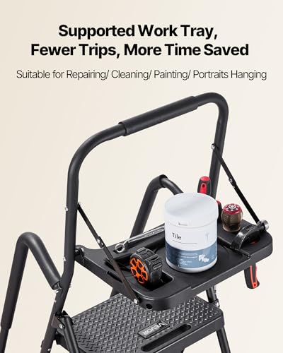 VEVOR 5 Step Ladder, Folding Step Stool with Wide Anti-Slip Pedal, Tool Tray, Dual Side Handrails, Portable Steel Ladder, Multi-Use for Kitchen, Home, Household and Office, Black - size: 20.9 x 41.9 x 68.5 in(Expanded)