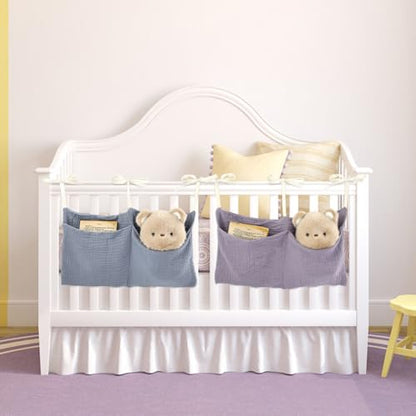 Cinaci 2pcs Cotton Pram Stroller Caddy Baby Crib Hanging Organizers Storage Pockets Nappy Diaper Bags Bedside Pockets for Milk Bottle/Soothing Toys/Wipes (Gray+Purple Set) - color: Gray+Purple Set