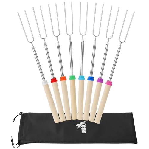 UNCO- Marshmallow Roasting Sticks with Bag, 32”, 8 Pack, Extendable Stainless Steel Smores Sticks for Fire Pit, Smores Skewers, Campfire Cooking Equipment - color: Wood, size: 8 Pack