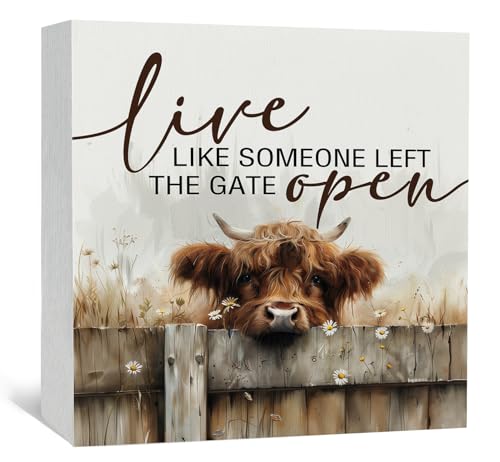 Highland Cow Farmhouse Wooden Box Sign - Farmhouse Western Animal Office Kitchen Bathroom Decor,Farm Live Like Someone Left The Gate Open,Highland Cow Gifts For Women - color: highland cow, size: 5x5 in