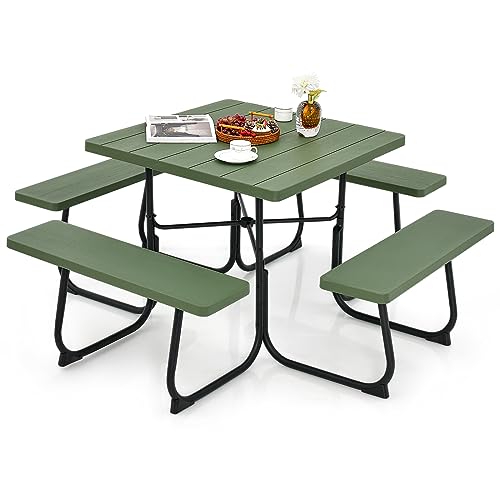 Tangkula 8 Person Picnic Table, Outdoor Square Picnic Table with 4 Built-in Benches, Umbrella Hole, Metal Frame & HDPE Tabletop, Outside Table and Bench Set for Backyard, 2300lbs Weight Capacity - color: Green