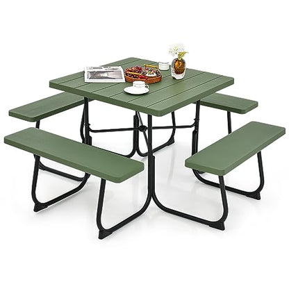 Tangkula 8 Person Picnic Table, Outdoor Square Picnic Table with 4 Built-in Benches, Umbrella Hole, Metal Frame & HDPE Tabletop, Outside Table and Bench Set for Backyard, 2300lbs Weight Capacity - color: Green