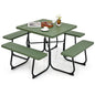 Tangkula 8 Person Picnic Table, Outdoor Square Picnic Table with 4 Built-in Benches, Umbrella Hole, Metal Frame & HDPE Tabletop, Outside Table and Bench Set for Backyard, 2300lbs Weight Capacity - color: Green